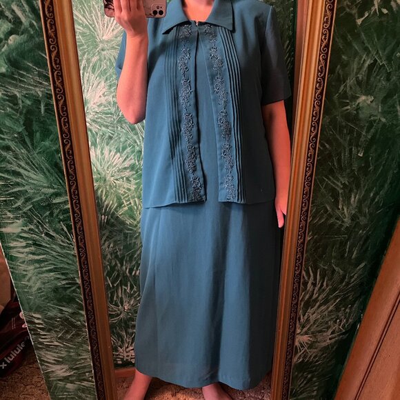 Blue Tank Top Maxi Dress with Wide straps + blouse with embroidery beaded detail - Picture 1 of 12